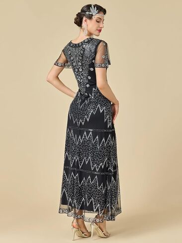 Women's Flapper Dress 1920s V-Neck Evening Gown Sequin Beaded Maxi Dress for Wedding in Saudi Arabia
