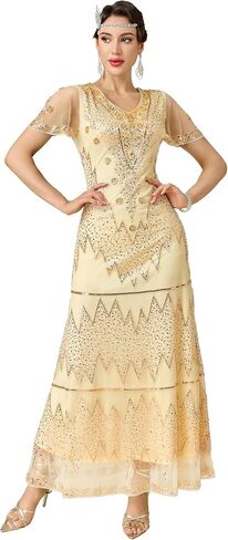 Women's Flapper Dress 1920s V-Neck Evening Gown Sequin Beaded Maxi Dress for Wedding in Saudi Arabia