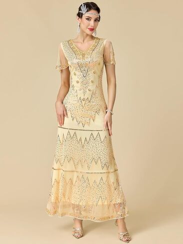 Women's Flapper Dress 1920s V-Neck Evening Gown Sequin Beaded Maxi Dress for Wedding in Saudi Arabia