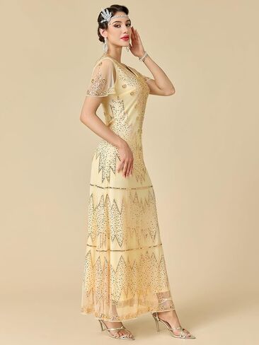 Women's Flapper Dress 1920s V-Neck Evening Gown Sequin Beaded Maxi Dress for Wedding in Saudi Arabia