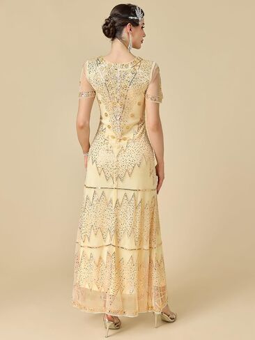 Women's Flapper Dress 1920s V-Neck Evening Gown Sequin Beaded Maxi Dress for Wedding in Saudi Arabia