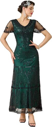 Women's Flapper Dress 1920s V-Neck Evening Gown Sequin Beaded Maxi Dress for Wedding in Saudi Arabia