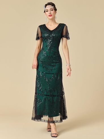 Women's Flapper Dress 1920s V-Neck Evening Gown Sequin Beaded Maxi Dress for Wedding in Saudi Arabia
