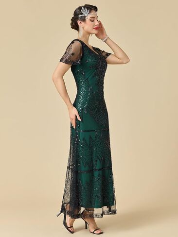 Women's Flapper Dress 1920s V-Neck Evening Gown Sequin Beaded Maxi Dress for Wedding in Saudi Arabia