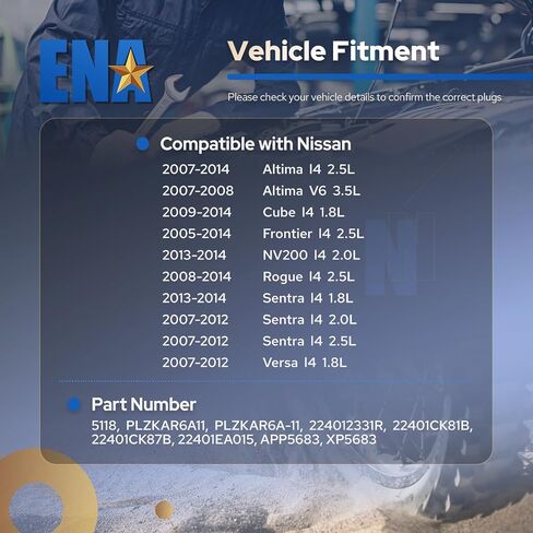 ENA Platinum Spark Plug for 5118 PLZKAR6A11 Compatible with Nissan Frontier 2005-2017 2.5L Sentra 2007-2010 2.0L 2013-2017 1.8L Micra 2015-2017 1.6L Versa 2012-2017 Versa Mote 2014-2017 1.6L Set of 4 in Saudi Arabia