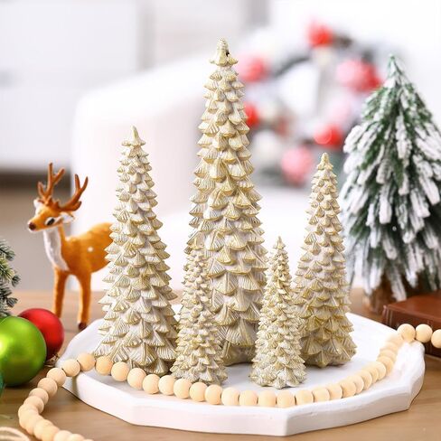 5 Pcs Sage Green Christmas Tree Figurines 11''/ 8.6''/ 7''/4.7'' Glittered Christmas Trees Resin Stone Christmas Holiday Figurines Christmas Desk Decor Centerpieces for Tabletop Decorations in Saudi Arabia