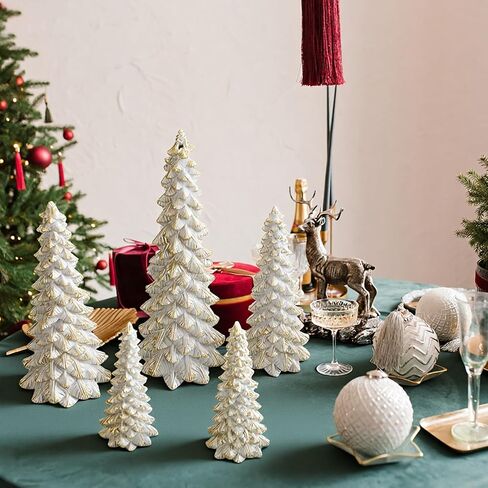 5 Pcs Sage Green Christmas Tree Figurines 11''/ 8.6''/ 7''/4.7'' Glittered Christmas Trees Resin Stone Christmas Holiday Figurines Christmas Desk Decor Centerpieces for Tabletop Decorations in Saudi Arabia