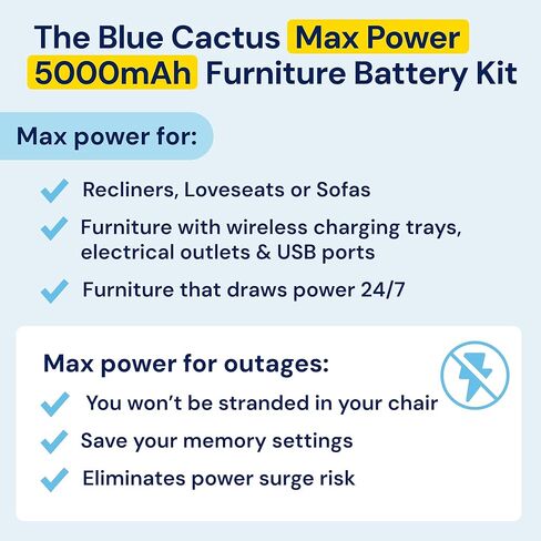 حزمة البطارية الزرقاء Big Cactus لإلغاء الأثاث مع شاشة LED وتنبيهات منخفضة الشحن - Wireless 5000mAh Couch Package Packable Reconsable for Power Recliner Supply in Kuwait