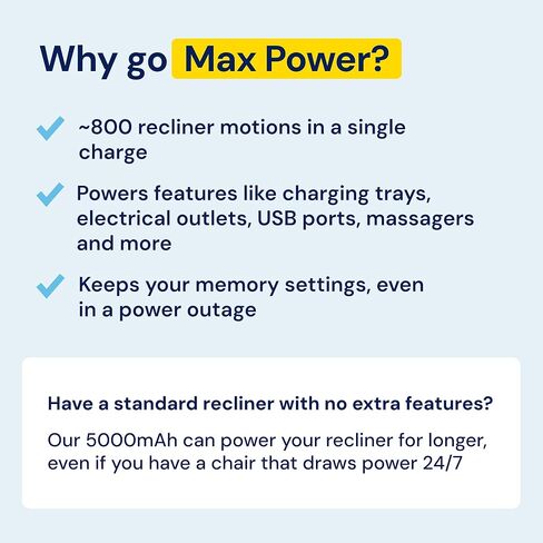 حزمة البطارية الزرقاء Big Cactus لإلغاء الأثاث مع شاشة LED وتنبيهات منخفضة الشحن - Wireless 5000mAh Couch Package Packable Reconsable for Power Recliner Supply in Kuwait
