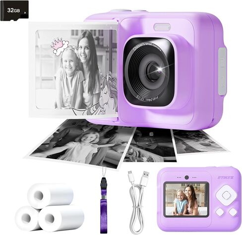 Instant Print Camera for Kids, HD Digital Camera, Christmas Birthday Gifts for 4 5 6 7 8 9 10 Year Old Girls Boys, Portable Toy Camera with 32GB SD Card & 3 Rolls Printing Paper, Violet in Kuwait
