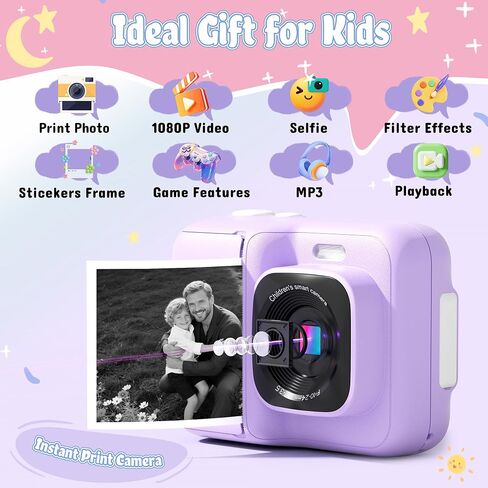 Instant Print Camera for Kids, HD Digital Camera, Christmas Birthday Gifts for 4 5 6 7 8 9 10 Year Old Girls Boys, Portable Toy Camera with 32GB SD Card & 3 Rolls Printing Paper, Violet in Kuwait
