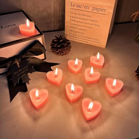 Tea Candles Heart Romantic Candle Small Sweet Wedding Party and Home 1.5-2 Hours Extended Burn Time Votive Parties Tealight Wishing Bulk Birthday Halloween Emergency Family 9 Pack (Pink) in Kuwait