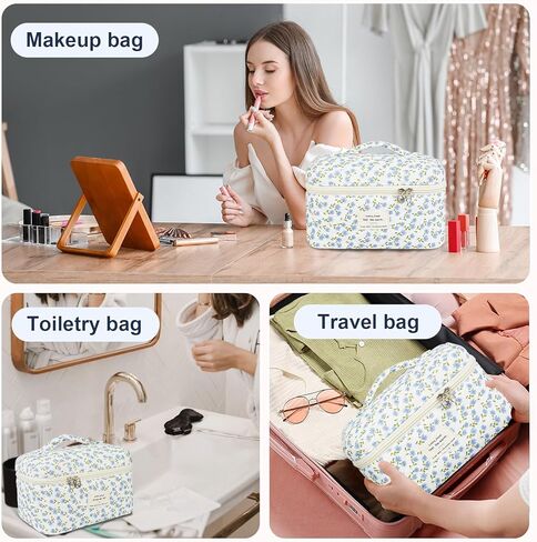 Makeup Bag, Quilted Bow Cosmetic Bag, Large Travel Aesthetic Make up Bag, Cute Coquette Toiletry Bag for Women Girls in Kuwait