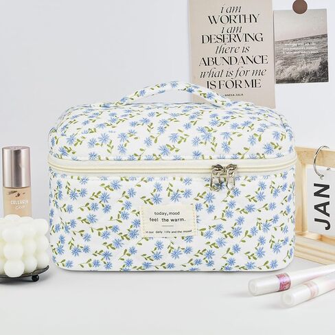 Makeup Bag, Quilted Bow Cosmetic Bag, Large Travel Aesthetic Make up Bag, Cute Coquette Toiletry Bag for Women Girls in Kuwait