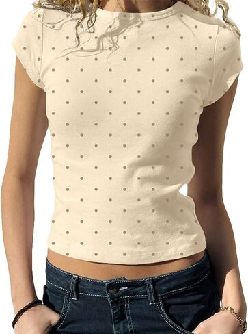 Women Y2k Vintage Short Sleeve Polka Dot Crop Baby Tees Tops Cute Slim Fit Crewneck Cropped T Shirts Streetwear in Saudi Arabia