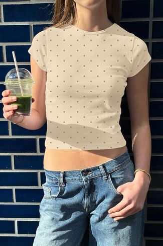 Women Y2k Vintage Short Sleeve Polka Dot Crop Baby Tees Tops Cute Slim Fit Crewneck Cropped T Shirts Streetwear in Saudi Arabia