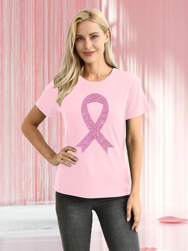 Breast Cancer Shirts: Wome Pink Ribbon Tshirt Cancer Awareness Tee Tops Support Squad Cancer T-Shirt in Saudi Arabia
