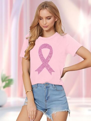 Breast Cancer Shirts: Wome Pink Ribbon Tshirt Cancer Awareness Tee Tops Support Squad Cancer T-Shirt in Saudi Arabia