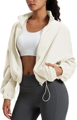 MAGCOMSEN Women's Full Zip Fleece Jacket Cropped Warm Winter Coats with Pockets Stand Collar Workout Top Drawstring Hem in Kuwait