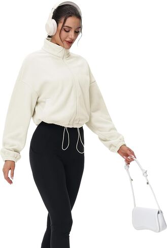 MAGCOMSEN Women's Full Zip Fleece Jacket Cropped Warm Winter Coats with Pockets Stand Collar Workout Top Drawstring Hem in Kuwait