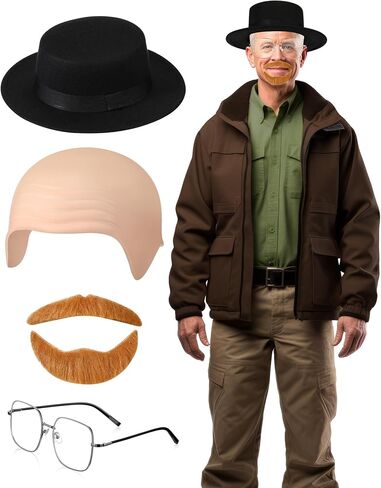 Mepase 4 Pcs Halloween Costume Accessory, Includes Bald Cap Latex Bald Head Wig Cap, Black Top Hat, Fake Beard Self Adhesive, Clear Lens Glasses for Men Adults Halloween Cosplay in Saudi Arabia