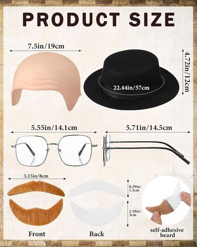 Mepase 4 Pcs Halloween Costume Accessory, Includes Bald Cap Latex Bald Head Wig Cap, Black Top Hat, Fake Beard Self Adhesive, Clear Lens Glasses for Men Adults Halloween Cosplay in Saudi Arabia