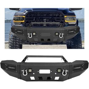 KUAFU Front Bumper Assembly Compatible with 2019-2024 Dodge Ram 2500 & 3500 w/Winch Plate, 4-LED Lights, D-Rings and Sensor Holes Powder Coated Black (2 Packages) in Kuwait