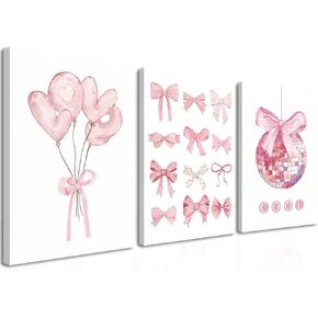 Trendy Pink Bows Canvas Wall Art Set of 3, Vintage Preppy Cherry Posters Prints, Pink Girly Room Aesthetic Wall Decor Painting for College Apartment Living Room Bedroom 12x16 In Framed in Saudi Arabia