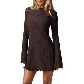 Women's Lettuce Trim Mini Dress Y2k Bell Long Sleeve Crew Neck Going Out Party Dresses in Saudi Arabia