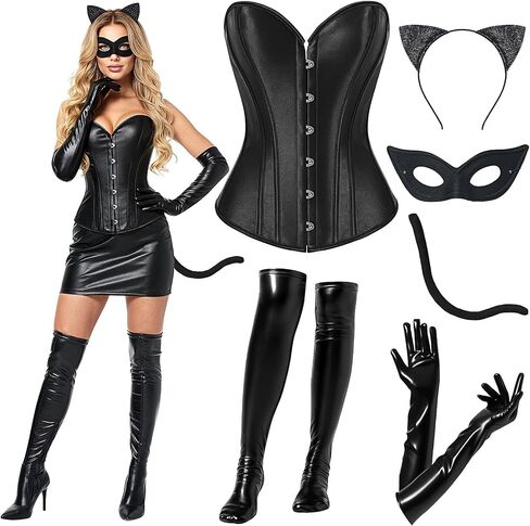6 Pcs Halloween Black Catsuit Costume for Women Include Corset Tops Mask Tail Headband Socks Gloves in Saudi Arabia