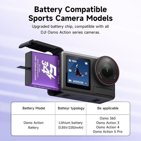 OSMO Action 5 Pro 4 3 استبدال البطارية ، 2 Pack 2250mAh حزمة بطاريات متطرفة قابلة لإعادة الشحن لـ DJI Osmo Action 5 Pro Osmo Action 4 Action 3 Sport Campar in Kuwait