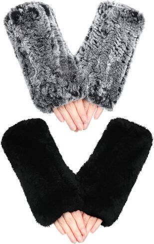 2 Pairs Winter Fur Gloves Rabbit Fur Mittens Knit Long Fingerless Gloves Warm Hand Muffs for Women Girls in Saudi Arabia