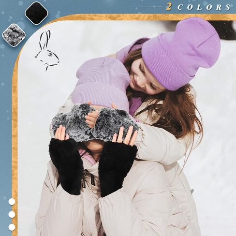 2 Pairs Winter Fur Gloves Rabbit Fur Mittens Knit Long Fingerless Gloves Warm Hand Muffs for Women Girls in Saudi Arabia