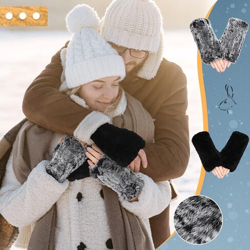 2 Pairs Winter Fur Gloves Rabbit Fur Mittens Knit Long Fingerless Gloves Warm Hand Muffs for Women Girls in Saudi Arabia