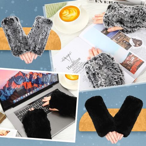 2 Pairs Winter Fur Gloves Rabbit Fur Mittens Knit Long Fingerless Gloves Warm Hand Muffs for Women Girls in Saudi Arabia