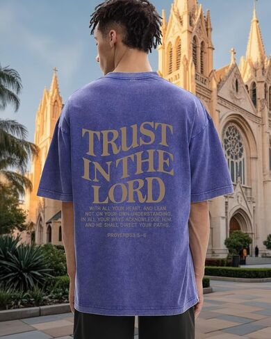 قمصان رجالي مسيحية Trust in The Lord Shirt Jesus Religious Tee تي شيرت برسومات كبيرة الحجم مغسول بالحمض in Kuwait