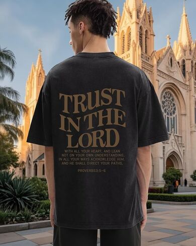 قمصان رجالي مسيحية Trust in The Lord Shirt Jesus Religious Tee تي شيرت برسومات كبيرة الحجم مغسول بالحمض in Kuwait