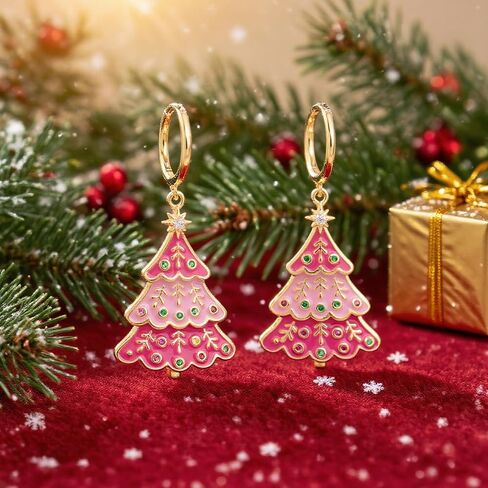 Jean Beau Gold Christmas Tree Small Hoop Dangle Earrings for Women, Dainty Cute Star CZ Rhinestone Drop Enamel Earings Xmas Holiday Outfit Santa Accessories Fashion Jewelry Gift in Saudi Arabia