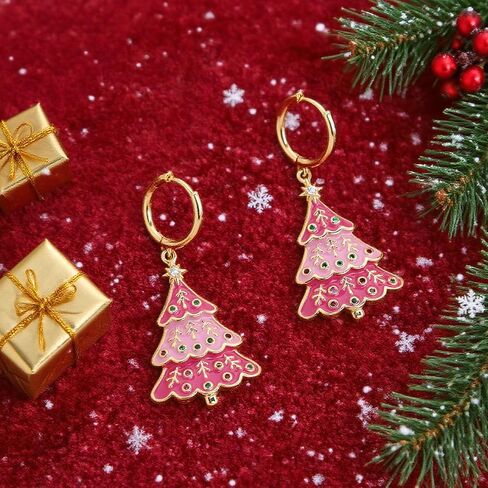 Jean Beau Gold Christmas Tree Small Hoop Dangle Earrings for Women, Dainty Cute Star CZ Rhinestone Drop Enamel Earings Xmas Holiday Outfit Santa Accessories Fashion Jewelry Gift in Saudi Arabia