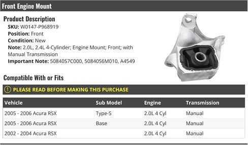 Front Engine Mount - Compatible with 2002-2006 Acura RSX 2.0L 4-Cylinder (with Manual Transmission) in Saudi Arabia