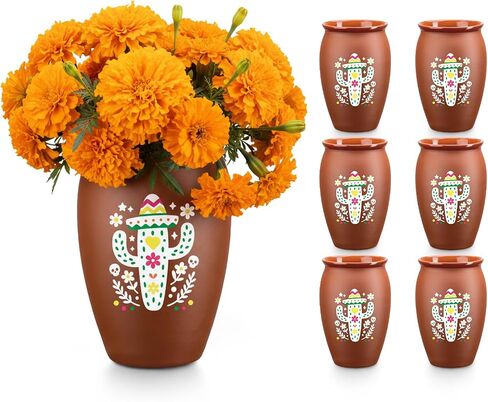 6Pcs 15oz Cantaritos De Barro,Dia De Los Muertos Vases Set,Terracotta Vase for Mexican Decor,Jarritos De Barro Mexicanos Pottery Cocktail Glasses for Tequila,Margaritas in Saudi Arabia