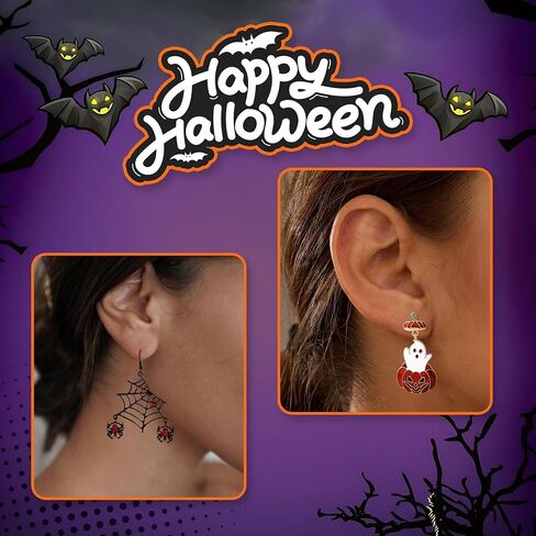 Halloween Earrings for Women Multiple Spooky Styles Halloween Jewelry Pumpkin Ghost Spider Web Stud Earrings Jewelry Gift with Pouch in Saudi Arabia