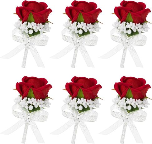 Set of 6 Red Rose Boutonniere for Men, Groom and Best Man Artificial Flowers Boutonnieres, for Wedding Ceremony Formal Dinner Prom Party in Saudi Arabia