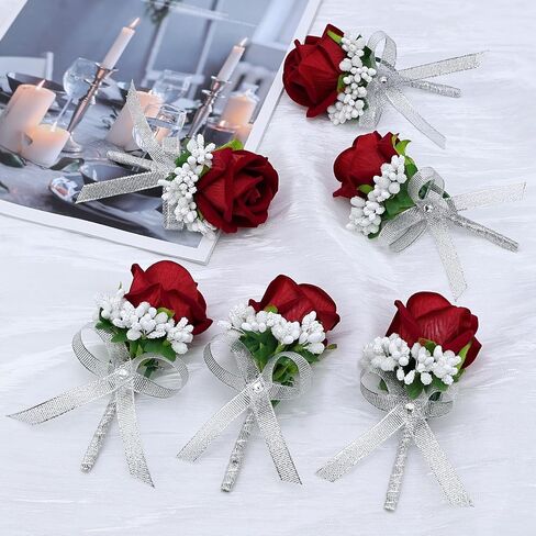 Set of 6 Red Rose Boutonniere for Men, Groom and Best Man Artificial Flowers Boutonnieres, for Wedding Ceremony Formal Dinner Prom Party in Saudi Arabia