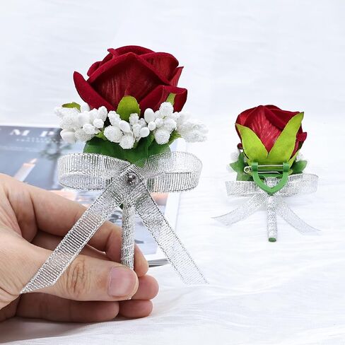 Set of 6 Red Rose Boutonniere for Men, Groom and Best Man Artificial Flowers Boutonnieres, for Wedding Ceremony Formal Dinner Prom Party in Saudi Arabia