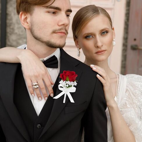Set of 6 Red Rose Boutonniere for Men, Groom and Best Man Artificial Flowers Boutonnieres, for Wedding Ceremony Formal Dinner Prom Party in Saudi Arabia
