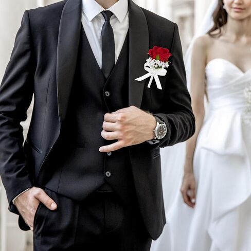 Set of 6 Red Rose Boutonniere for Men, Groom and Best Man Artificial Flowers Boutonnieres, for Wedding Ceremony Formal Dinner Prom Party in Saudi Arabia