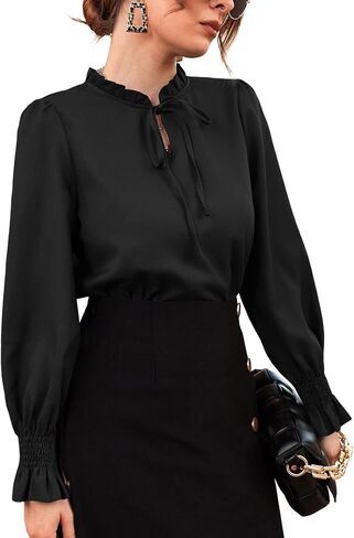 Women's Frill Mock Neck Self Tie Shirred Ruffle Long Sleeve Elegant Blouse in Saudi Arabia