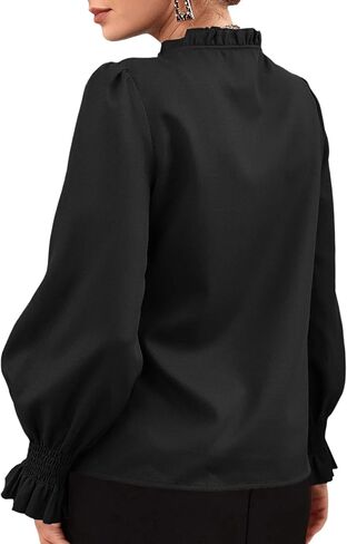 Women's Frill Mock Neck Self Tie Shirred Ruffle Long Sleeve Elegant Blouse in Saudi Arabia