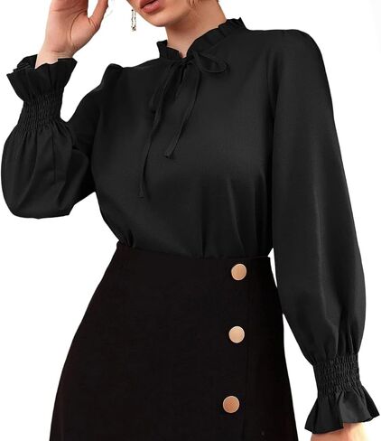 Women's Frill Mock Neck Self Tie Shirred Ruffle Long Sleeve Elegant Blouse in Saudi Arabia